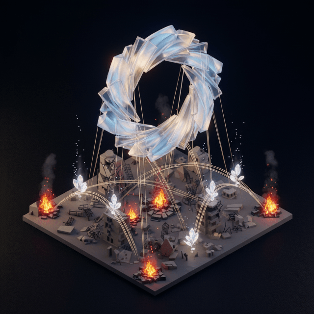 A glowing glass ring floats above a destroyed city with small fires and light beams.